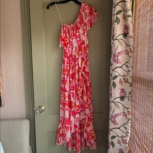 One-Shoulder Ruffle Pink Floral Maxi Dress with slit and elastic waist- small